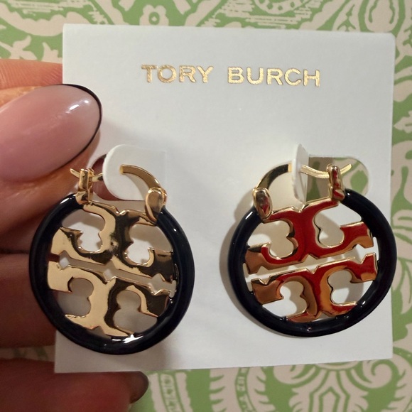 Tory Burch Miller Small Hoop Earrings Black Ename - Picture 6 of 7